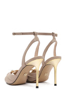 Women's Beige Ankle Strap Leather High Thin Heel Sandals | Derimod