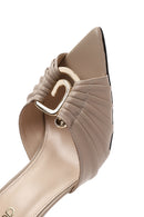 Women's Beige Ankle Strap Leather High Thin Heel Sandals | Derimod