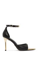 Women's Black Ankle Strap Leather High Thin Heel Shoes | Derimod