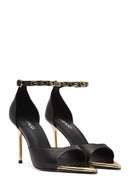 Women's Black Ankle Strap Leather High Thin Heel Shoes | Derimod