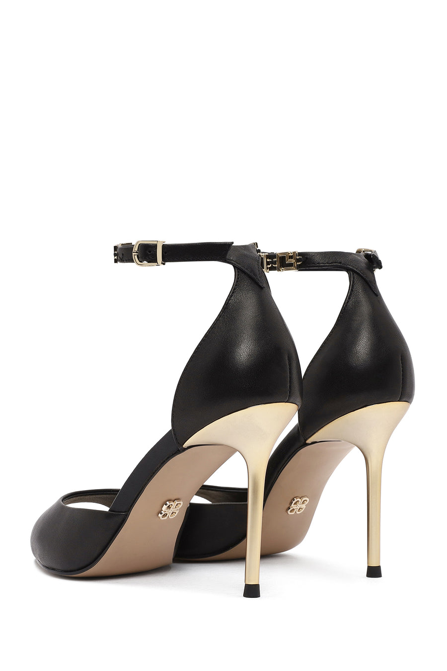 Women's Black Ankle Strap Leather High Thin Heel Shoes