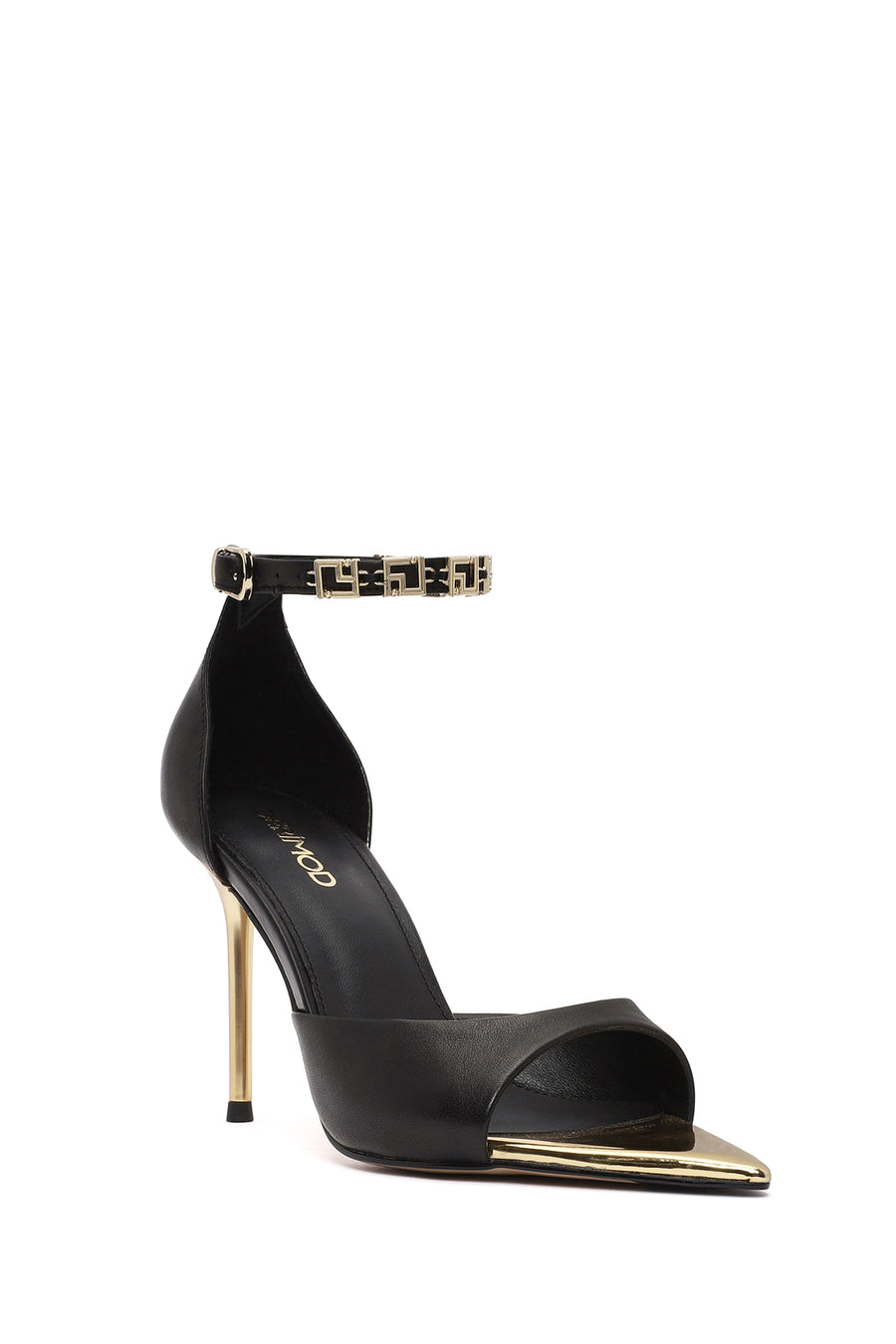 Women's Black Ankle Strap Leather High Thin Heel Shoes