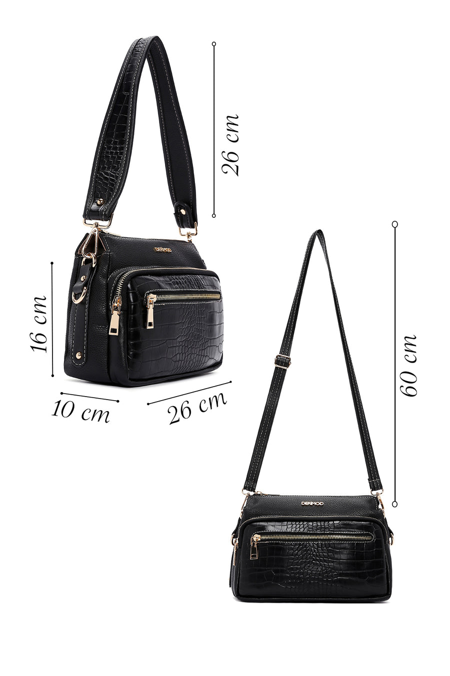 Women's Black Long Strapped Crocodile Crossbody Bag