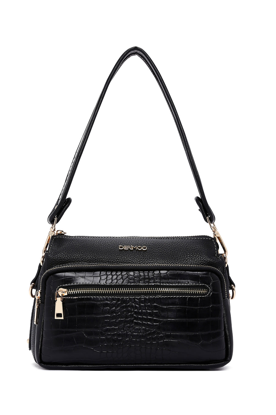 Women's Black Long Strapped Crocodile Crossbody Bag