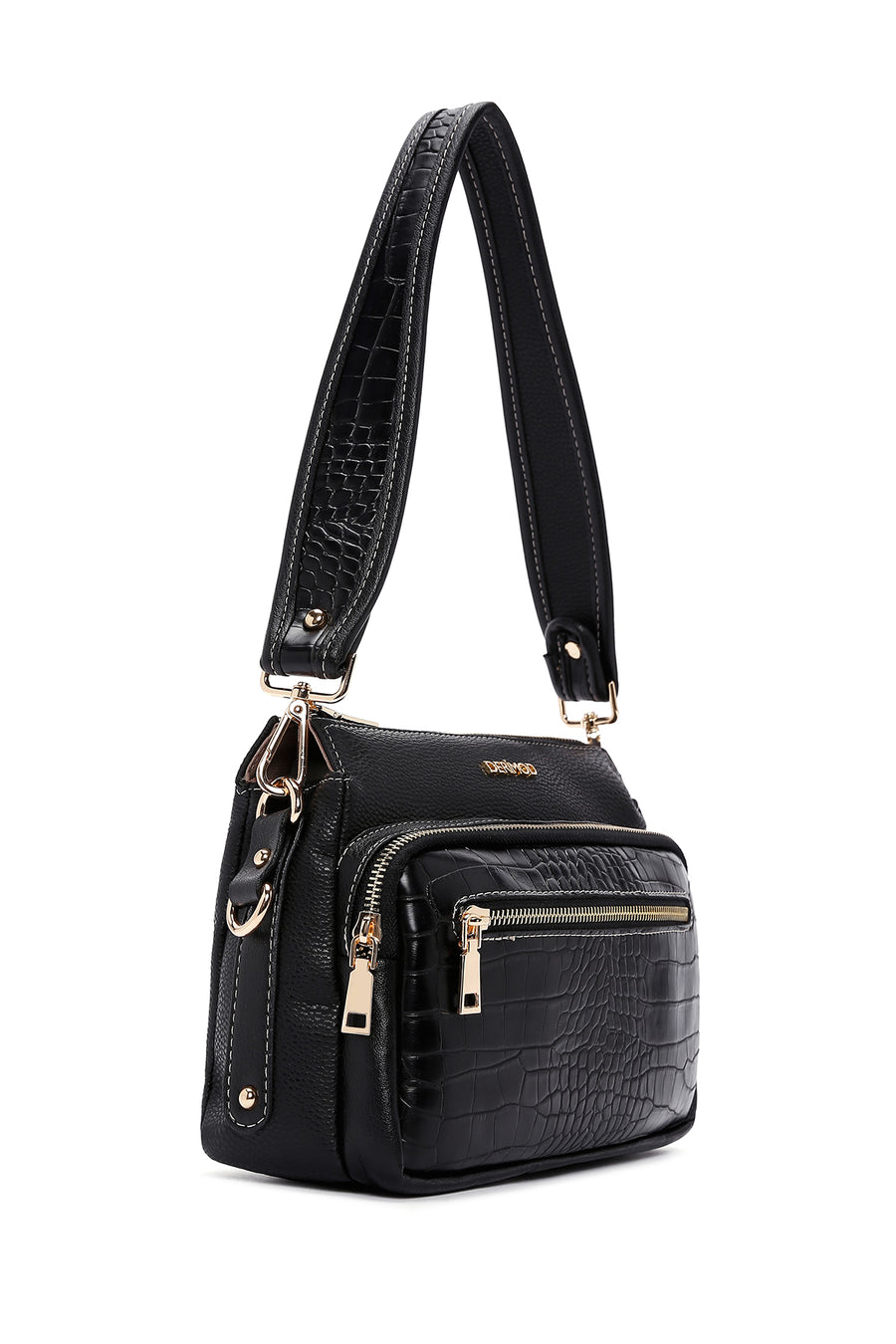 Women's Black Long Strapped Crocodile Crossbody Bag