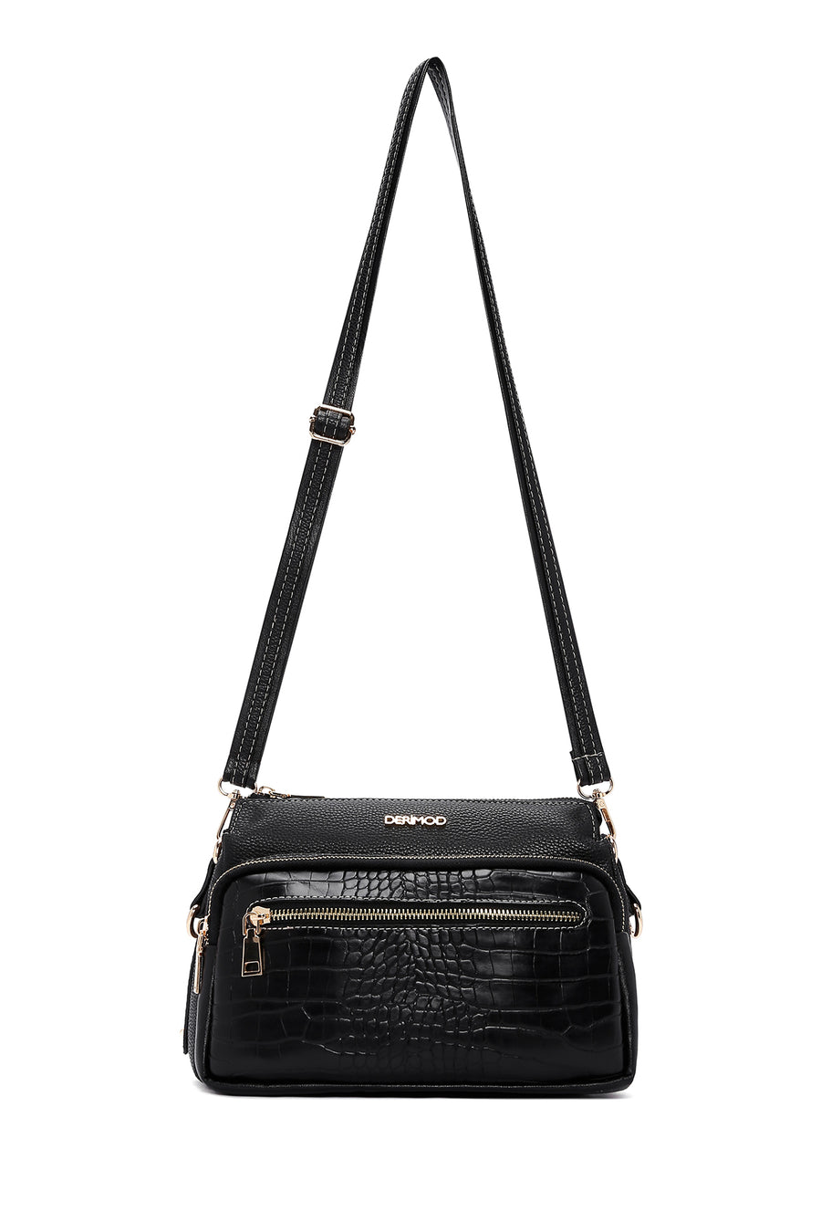 Women's Black Long Strapped Crocodile Crossbody Bag