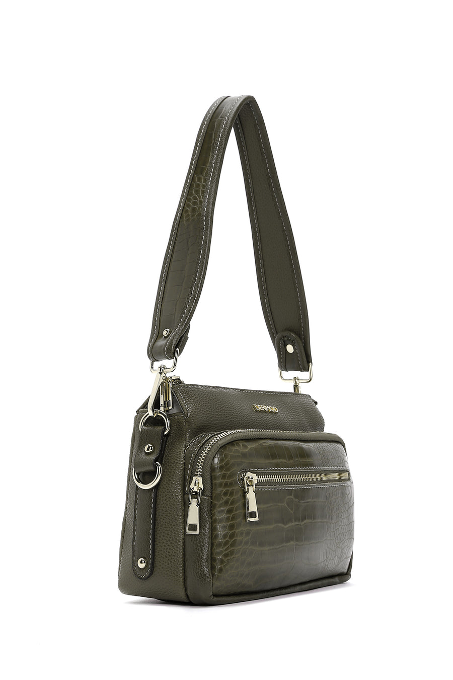 Women's Khaki Long Strap Crocodile Crossbody Bag