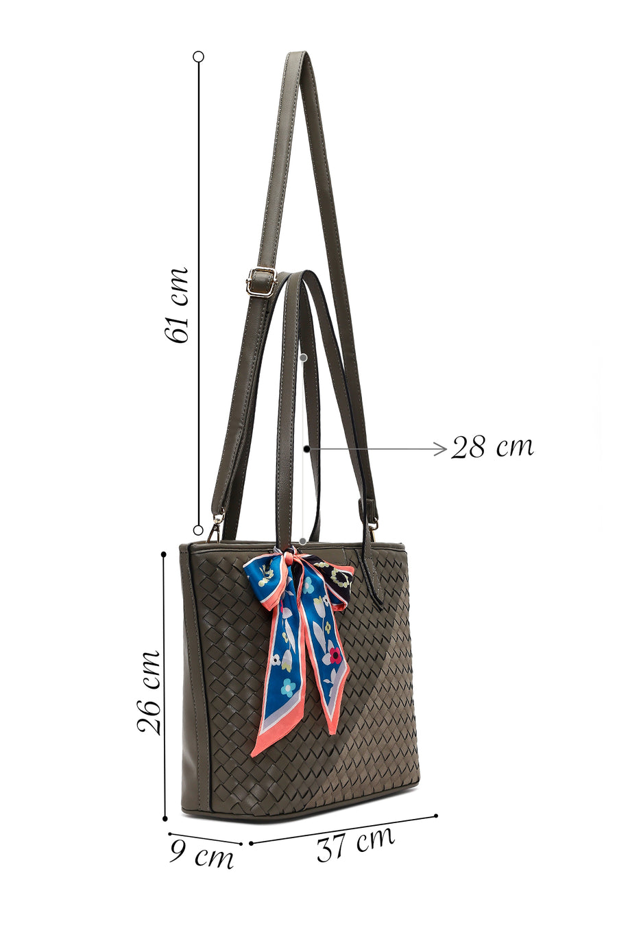 Women's Gray Long Strap Accessorized Woven Shoulder Bag