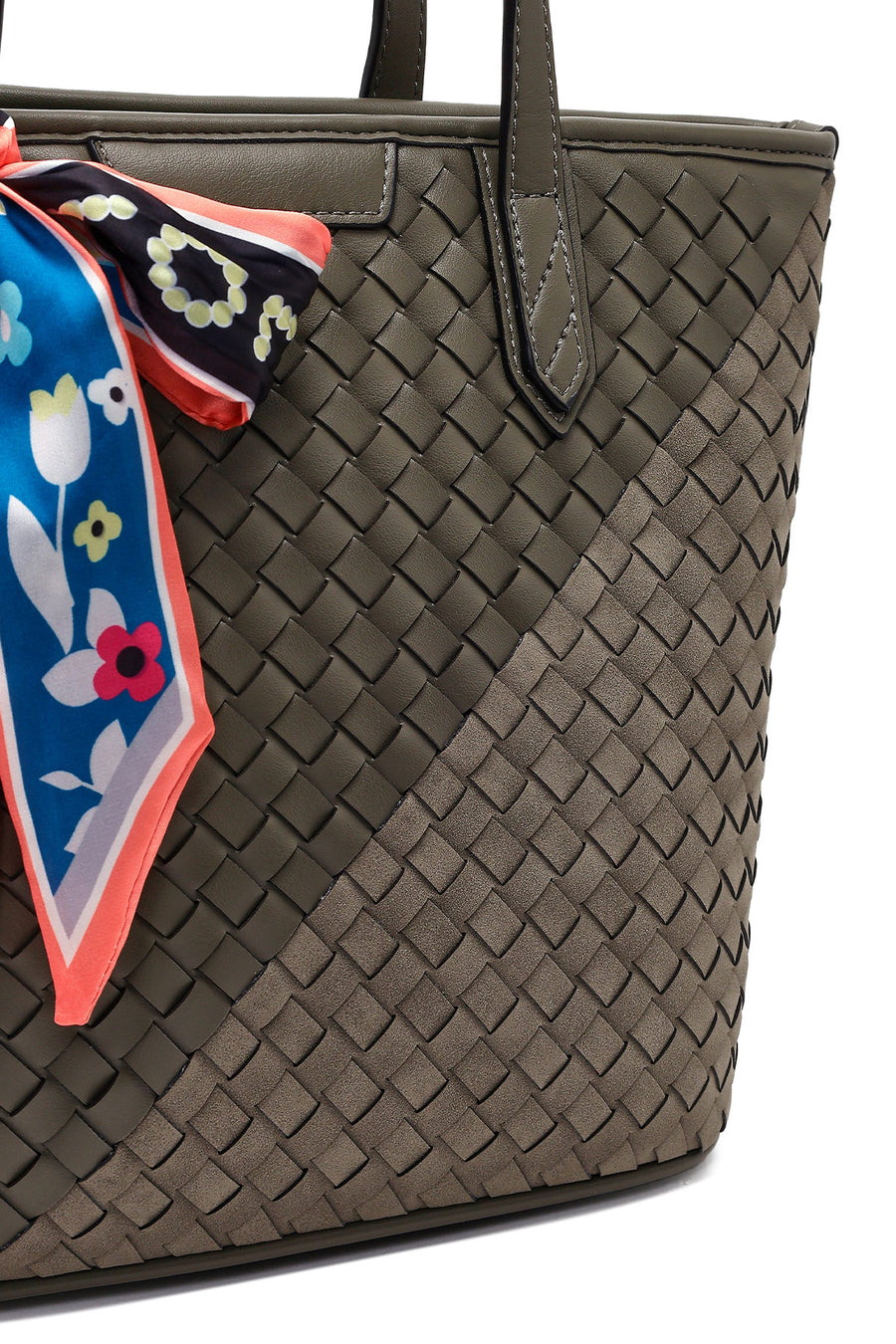 Women's Gray Long Strap Accessorized Woven Shoulder Bag