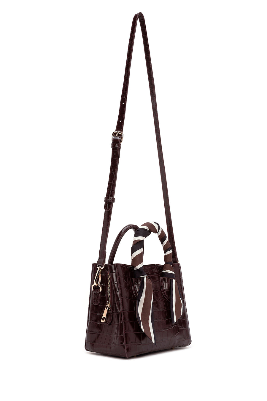 Women's Burgundy Long Strap Crocodile Pattern Mini Shoulder Bag