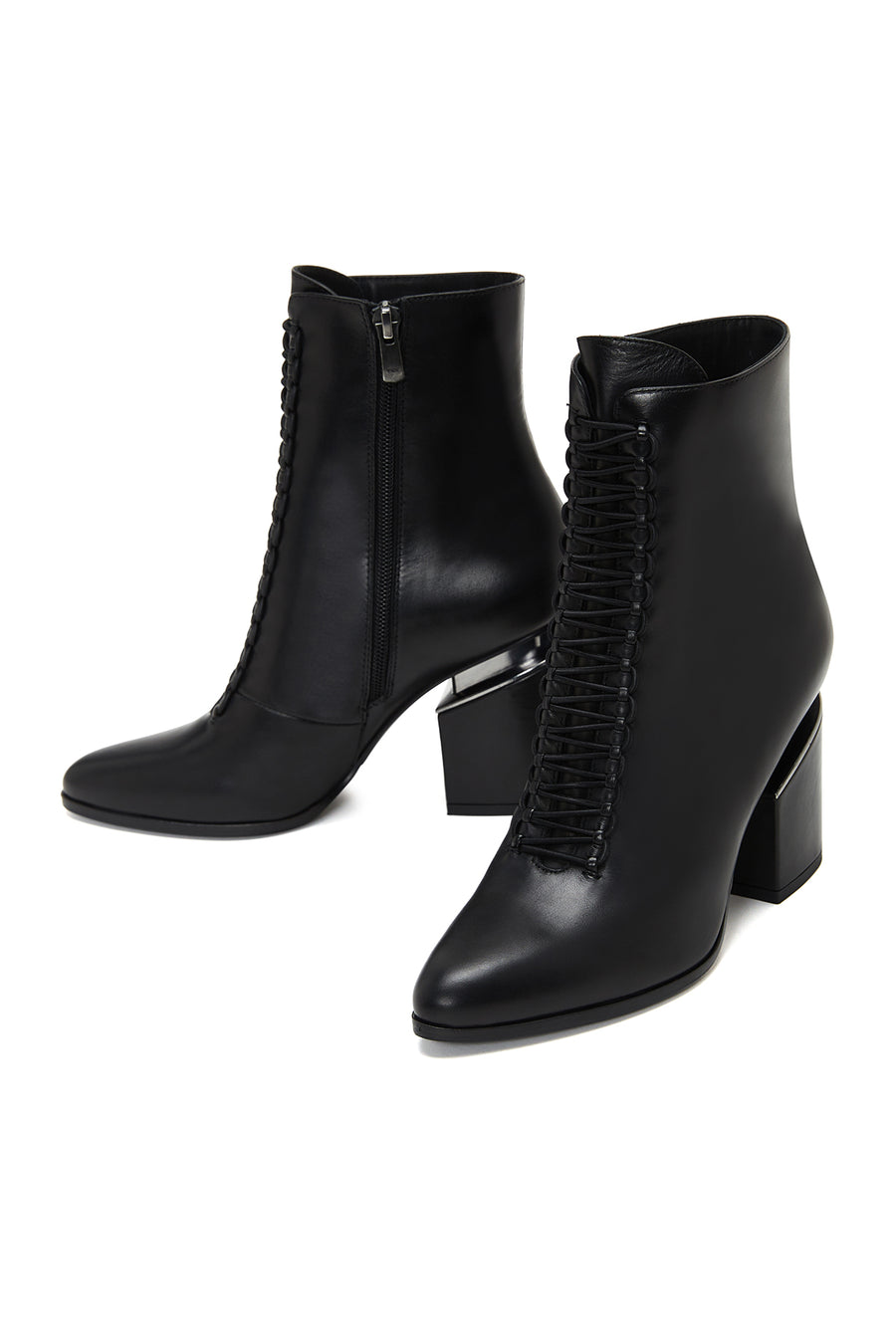 Woman Black Zippered Chunky Heels Leather Boat