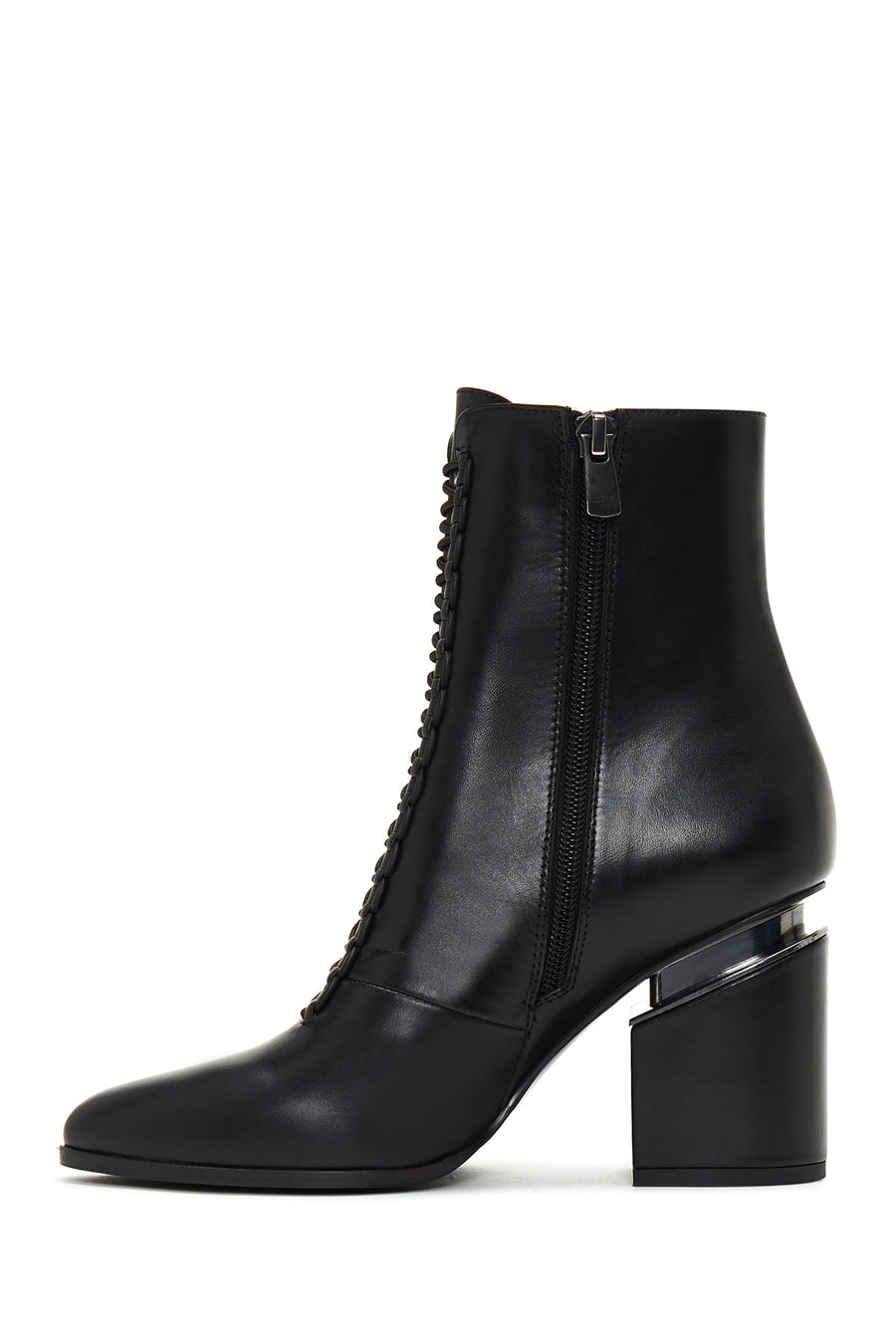 Woman Black Zippered Chunky Heels Leather Boat