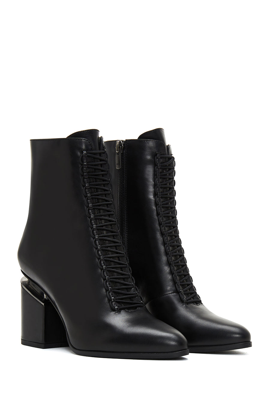 Woman Black Zippered Chunky Heels Leather Boat