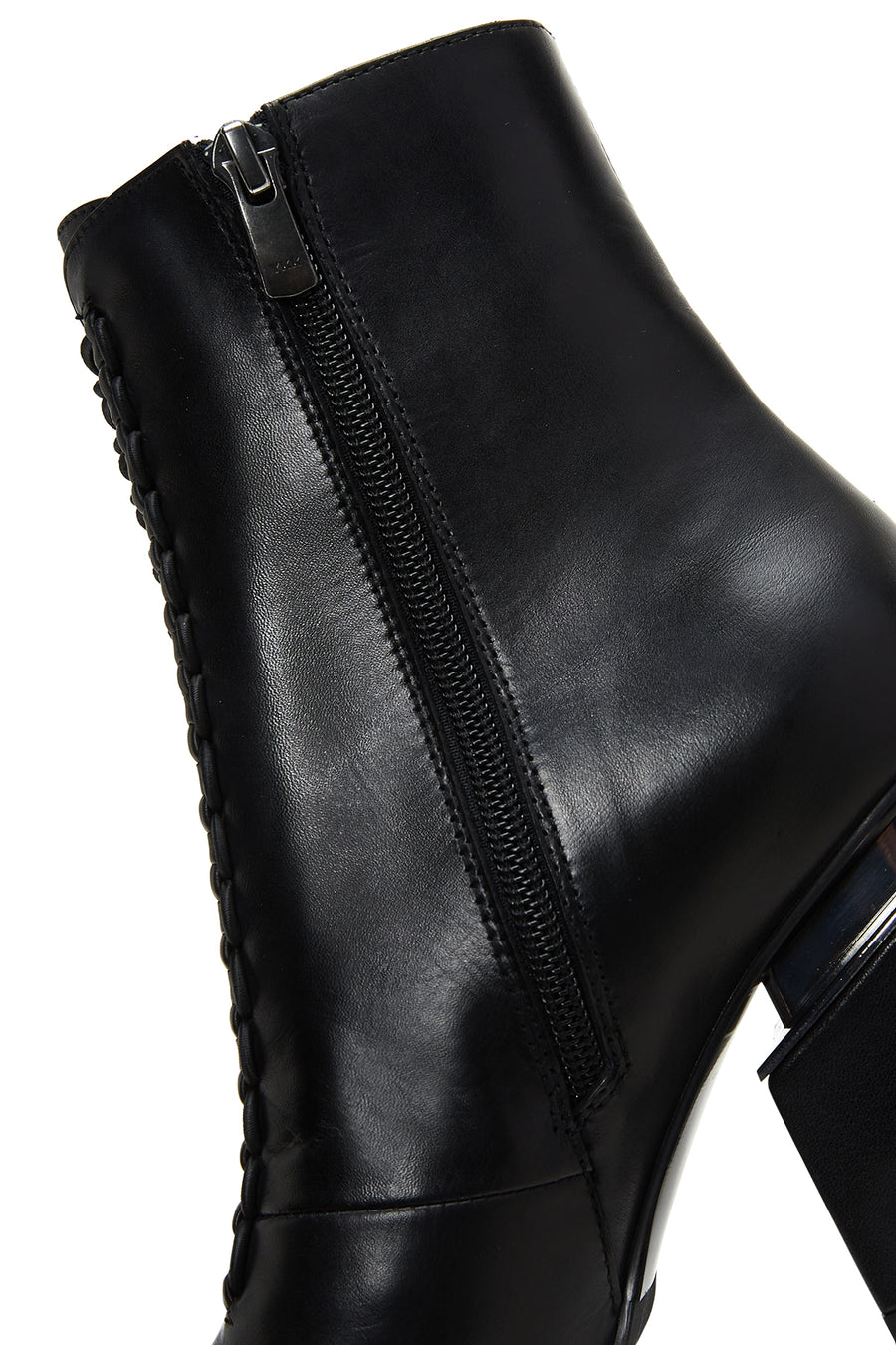 Woman Black Zippered Chunky Heels Leather Boat