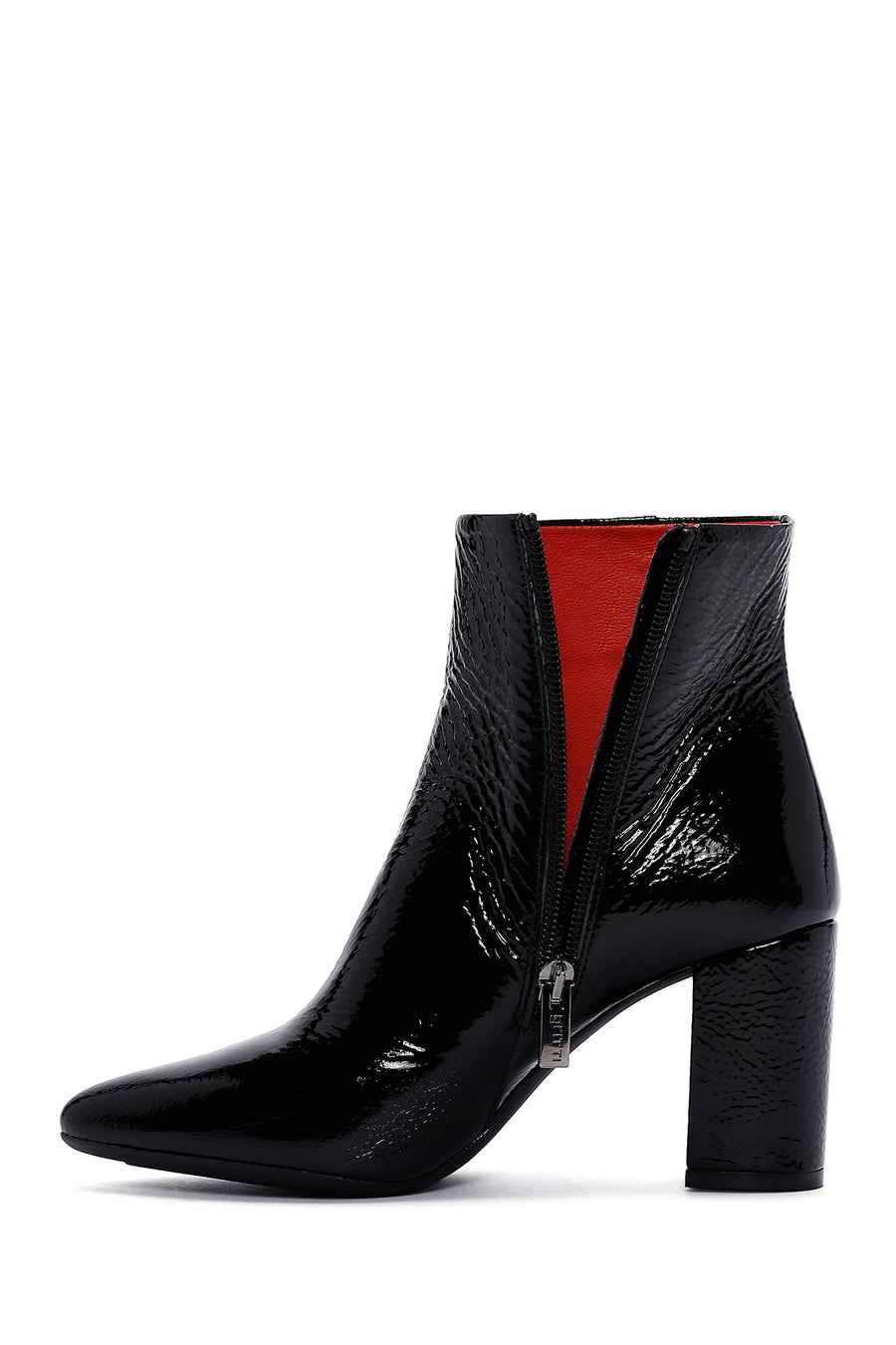 Derimod Gritti Woman Black Zippered Thick Heel Patent Leather Leather Boat