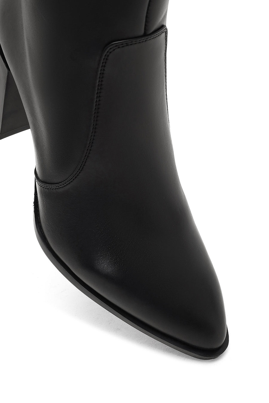 Women's Black Zippered Thick Heeled Leather Boot