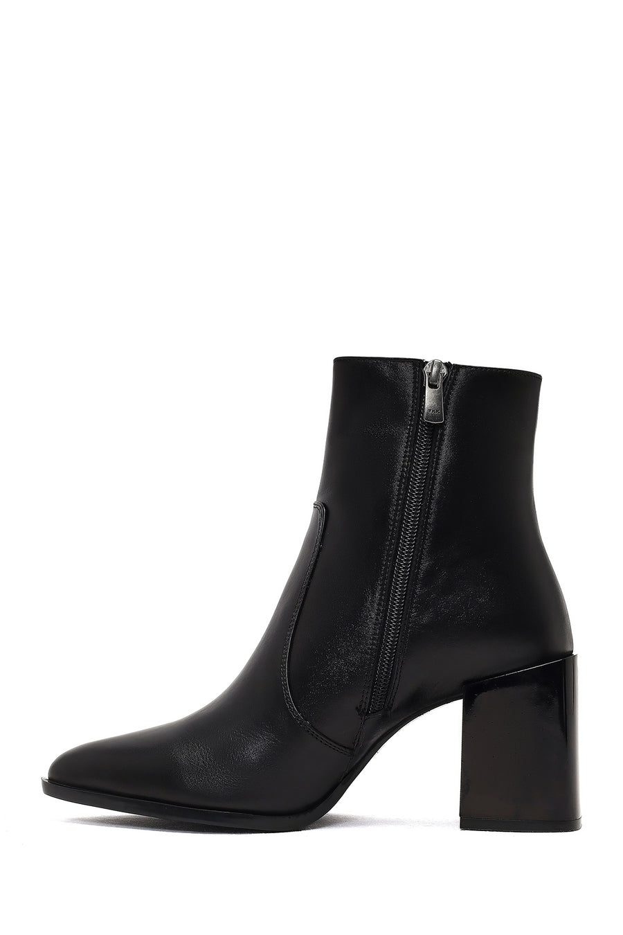 Women's Black Zippered Thick Heeled Leather Boot