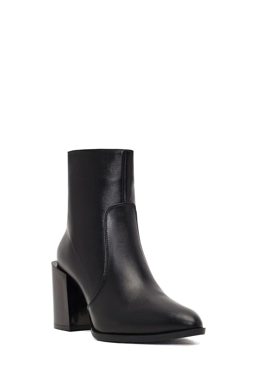 Women's Black Zippered Thick Heeled Leather Boot