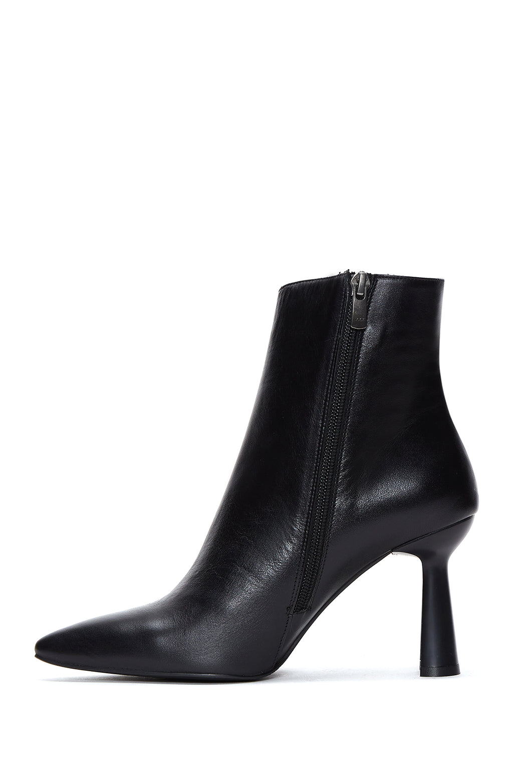 Kadın Siyah Fermuarlı İnce Topuklu Deri Bot