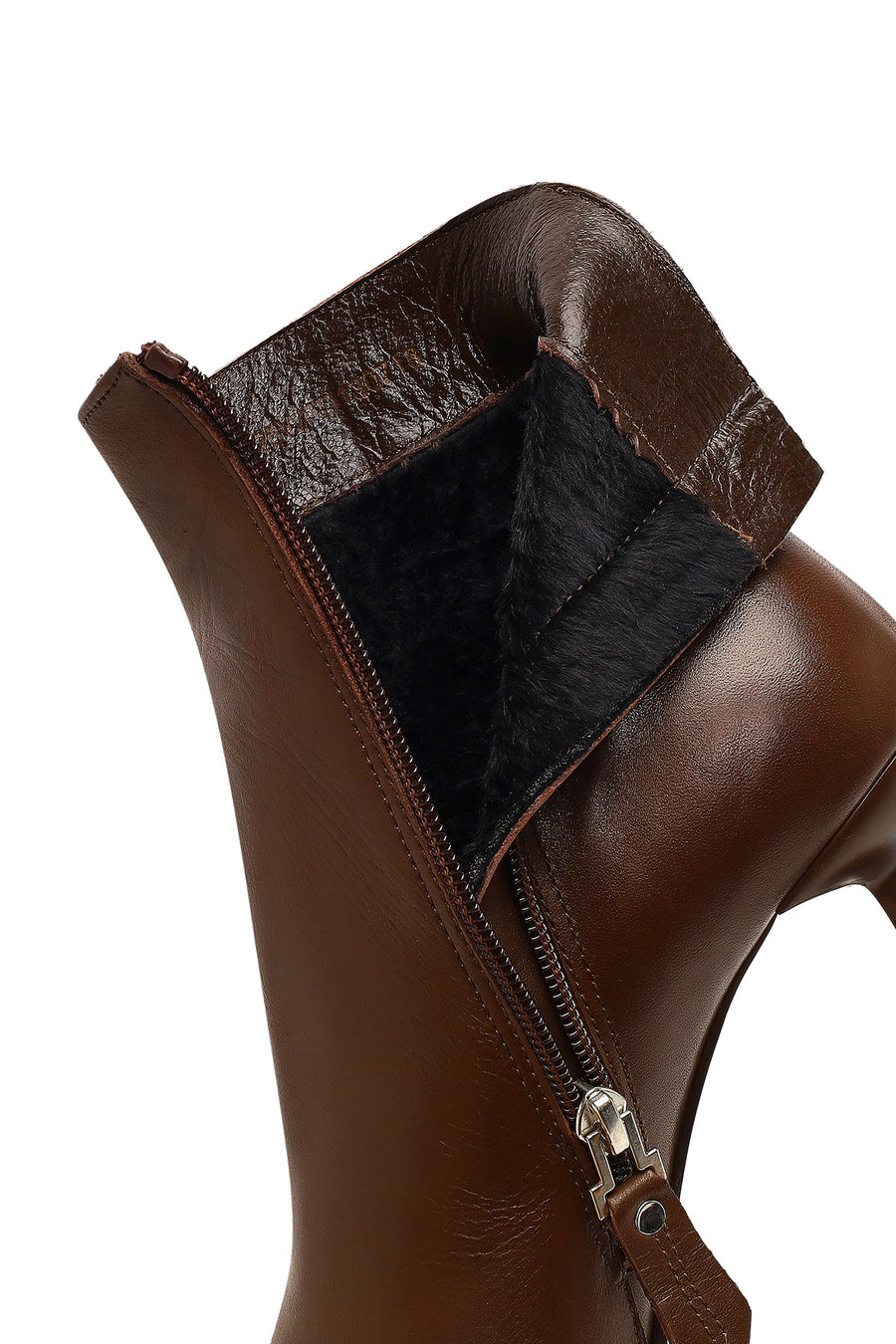 Woman Brown Zippered Thin Heeled Leather Boot
