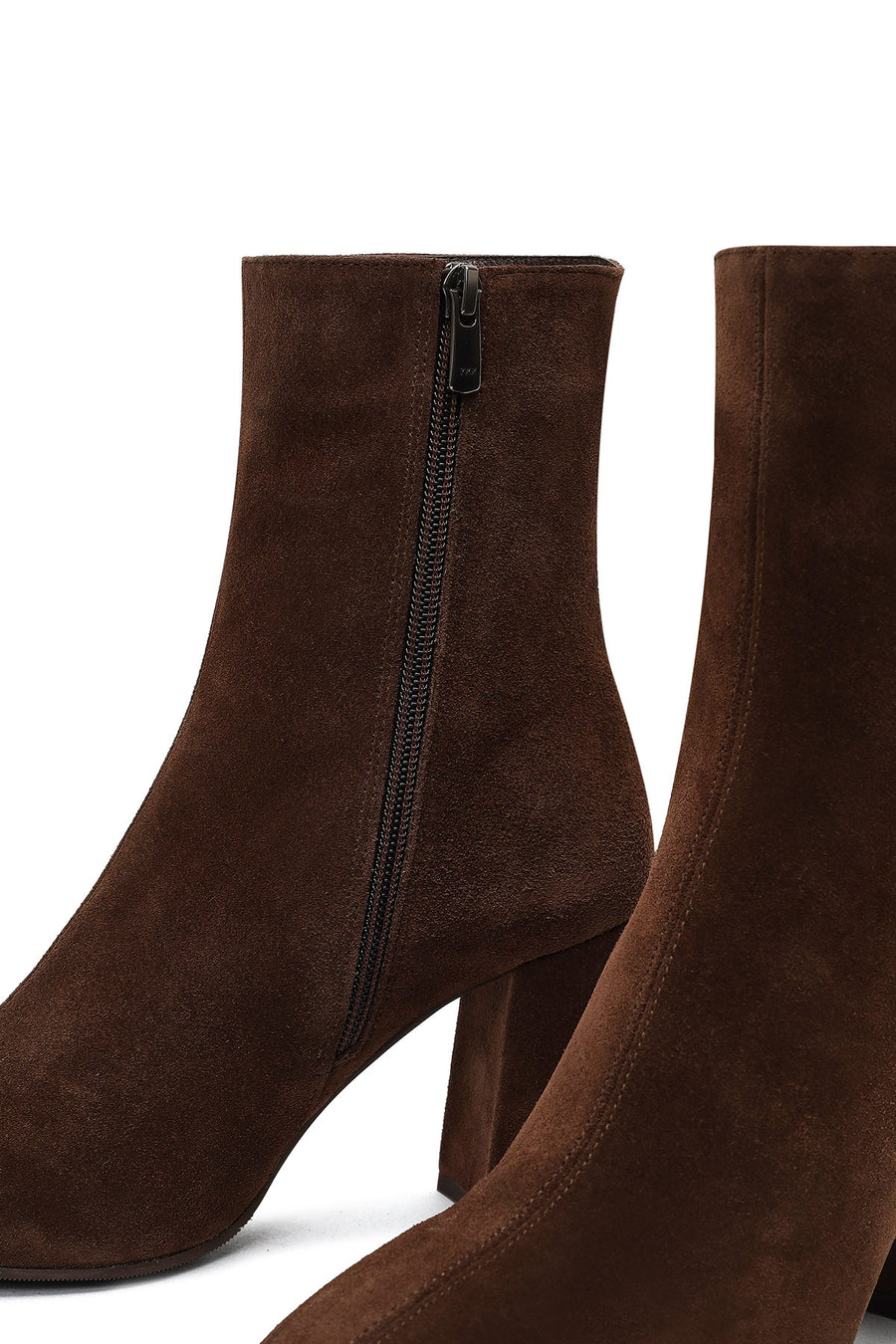 Woman Brown Zippered Thick Heeled Suede Leather Boot