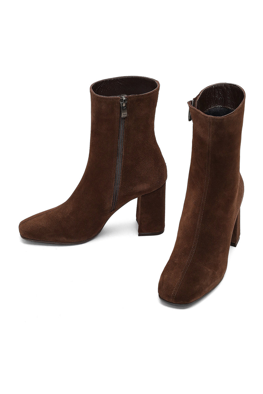 Woman Brown Zippered Thick Heeled Suede Leather Boot