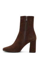 Woman Brown Zippered Thick Heeled Suede Leather Boot | Derimod