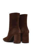 Woman Brown Zippered Thick Heeled Suede Leather Boot | Derimod