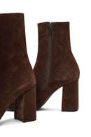 Woman Brown Zippered Thick Heeled Suede Leather Boot | Derimod