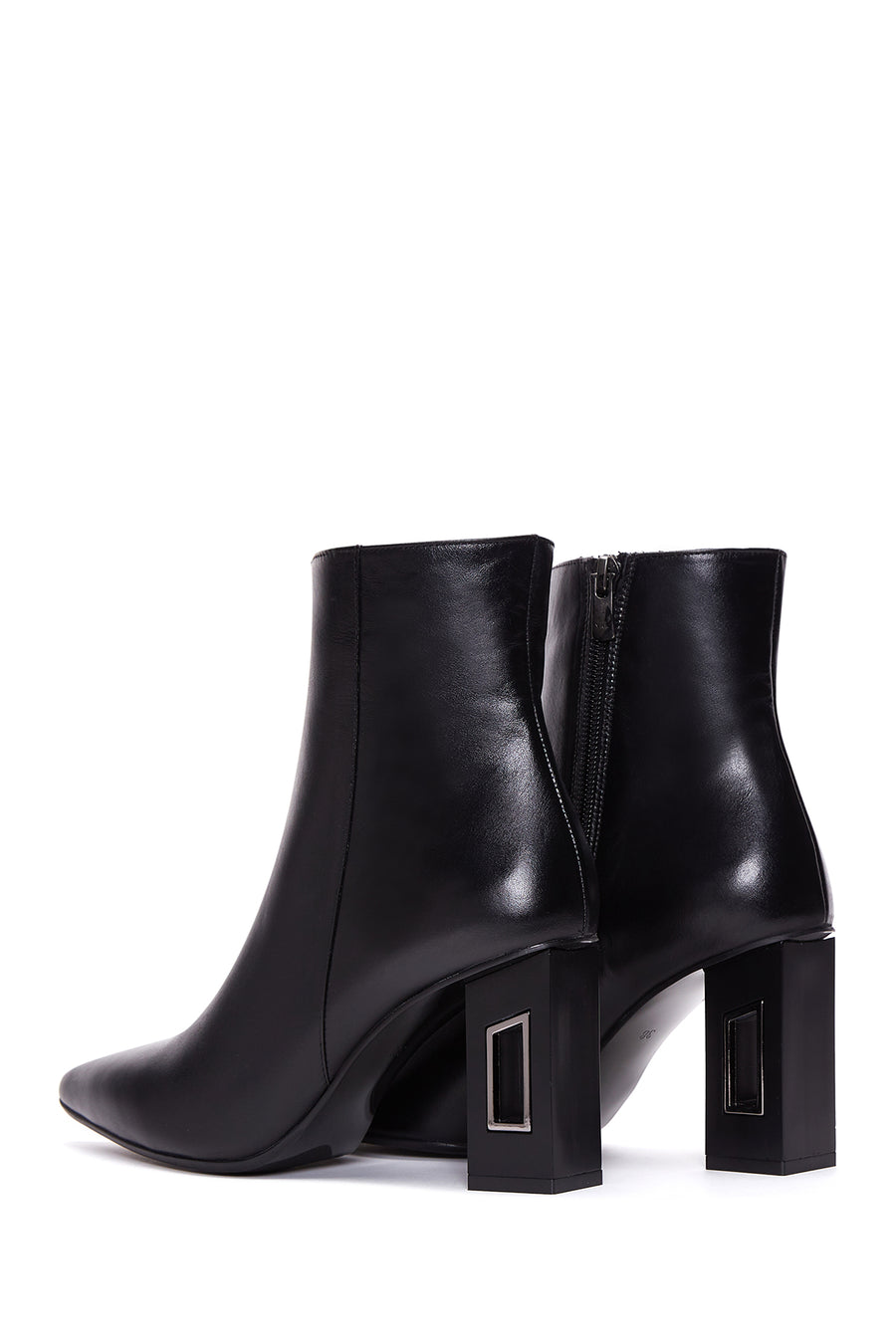 Woman Black Zippered Chunky Heels Leather Boat