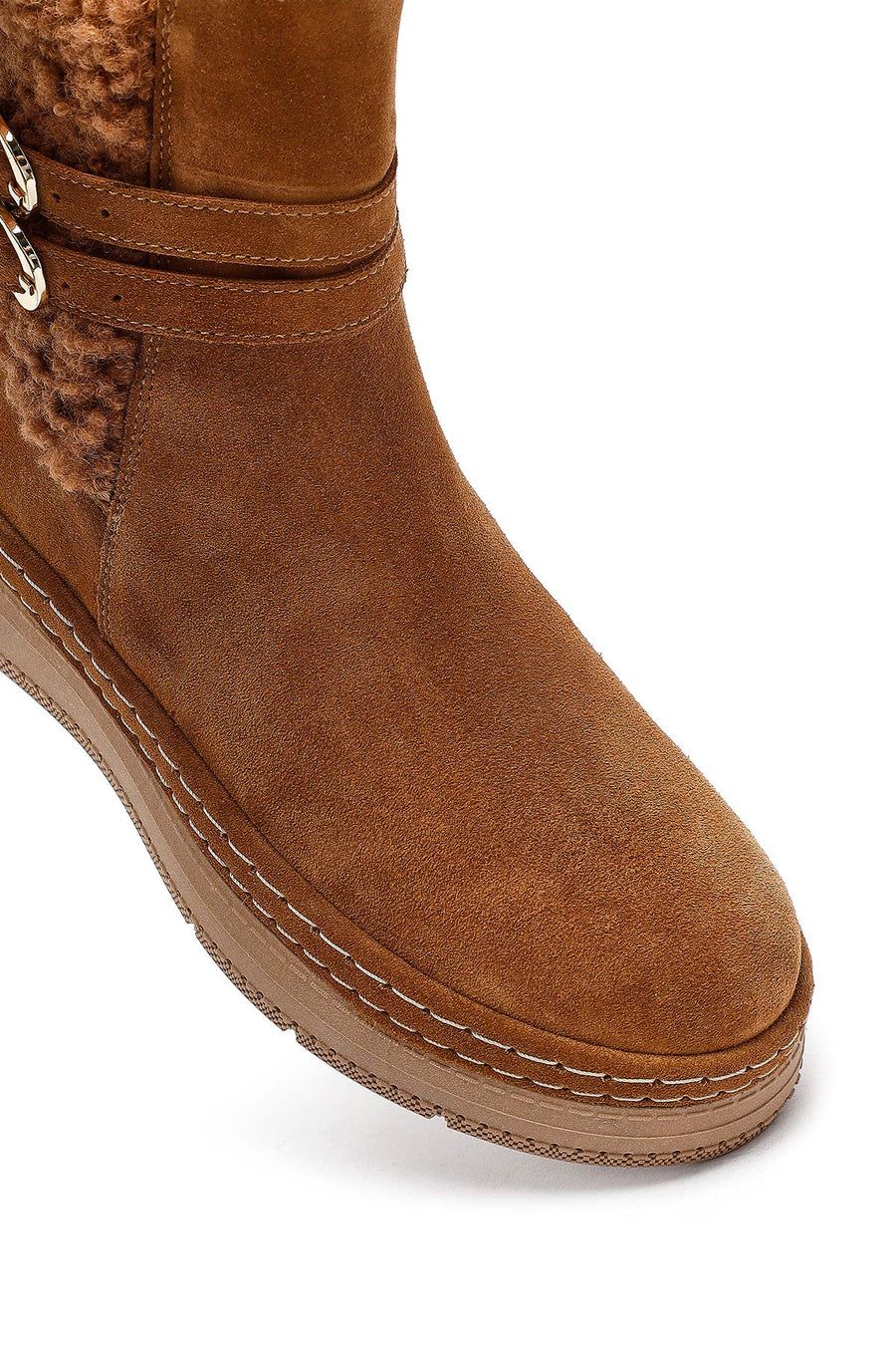 Woman Tan Zippered Suede Leather Teddy Bot