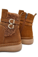 Woman Tan Zippered Suede Leather Teddy Bot | Derimod