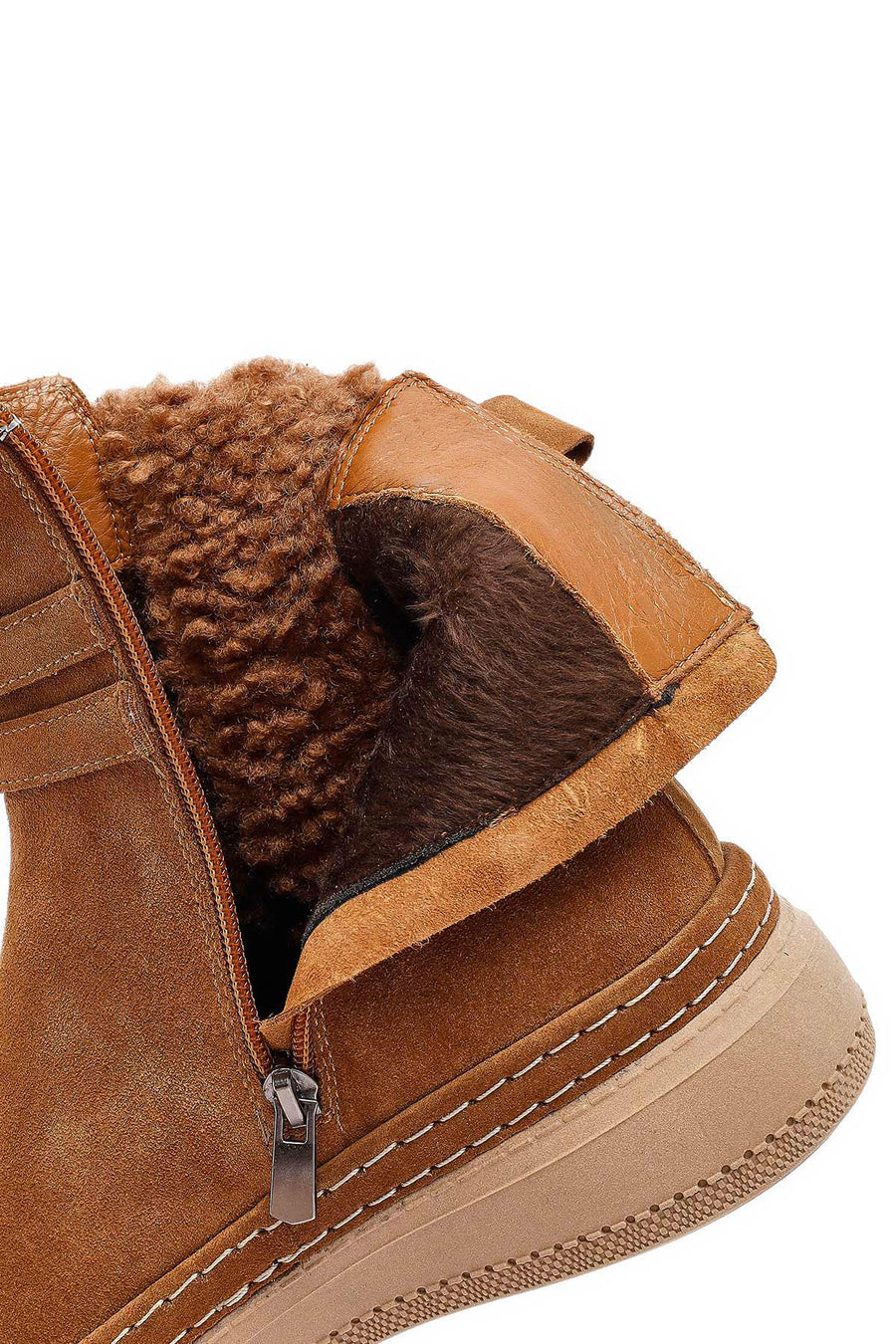 Woman Tan Zippered Suede Leather Teddy Bot