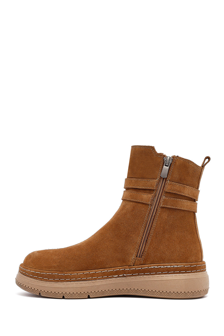 Woman Tan Zippered Suede Leather Teddy Bot