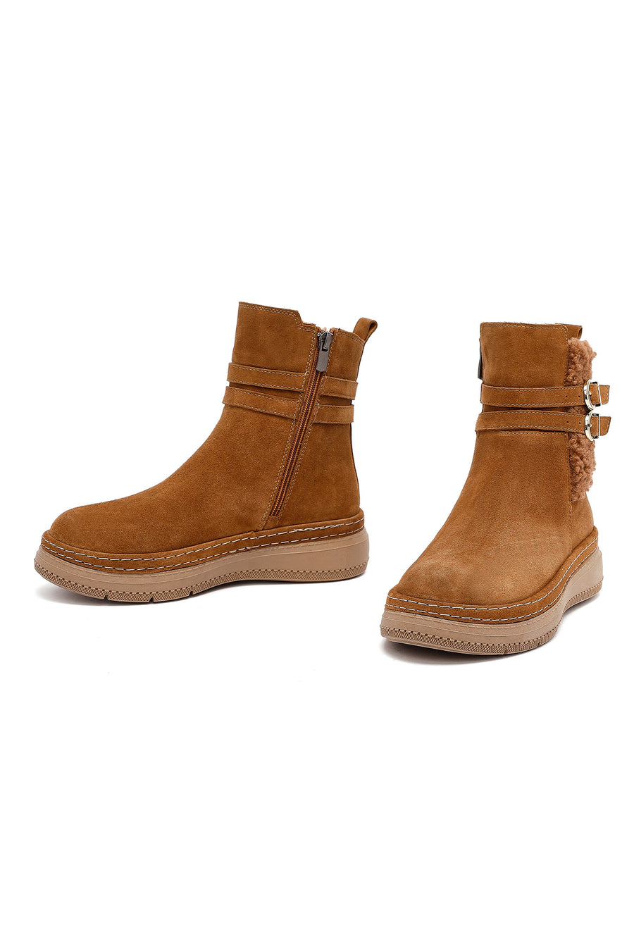 Woman Tan Zippered Suede Leather Teddy Bot