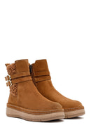 Woman Tan Zippered Suede Leather Teddy Bot | Derimod