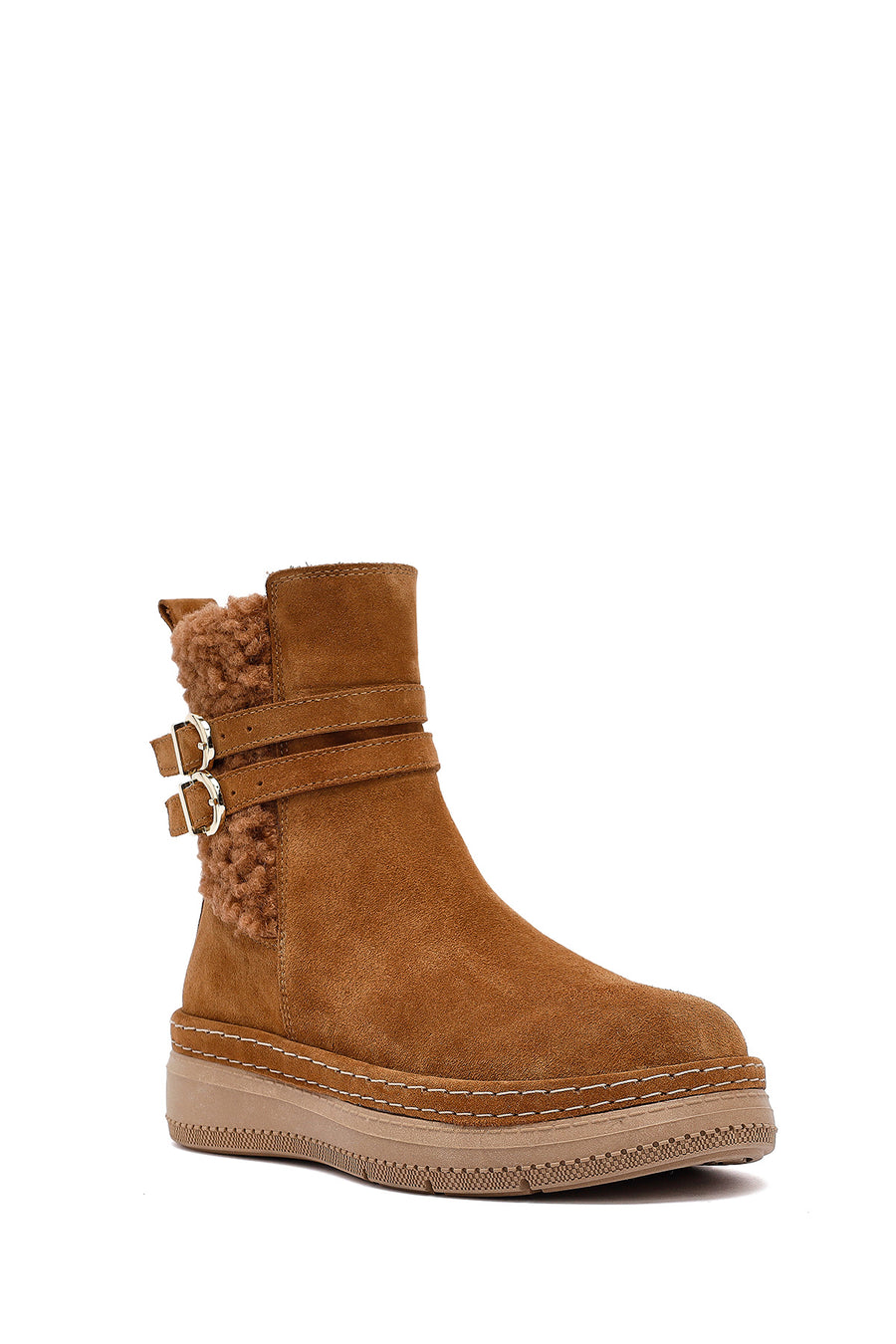 Woman Tan Zippered Suede Leather Teddy Bot
