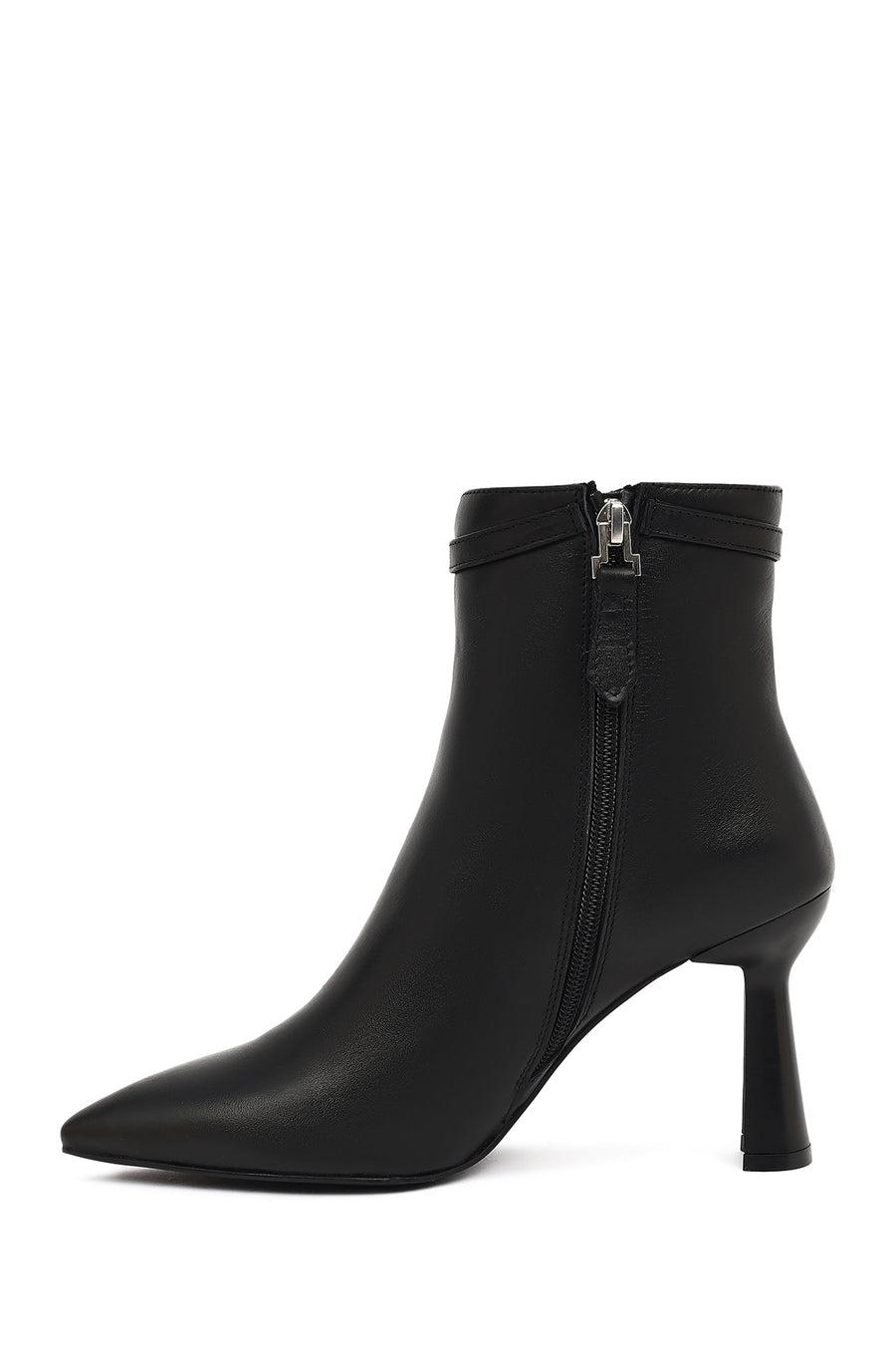 Women's Black Zipper Heeled Leather Boots