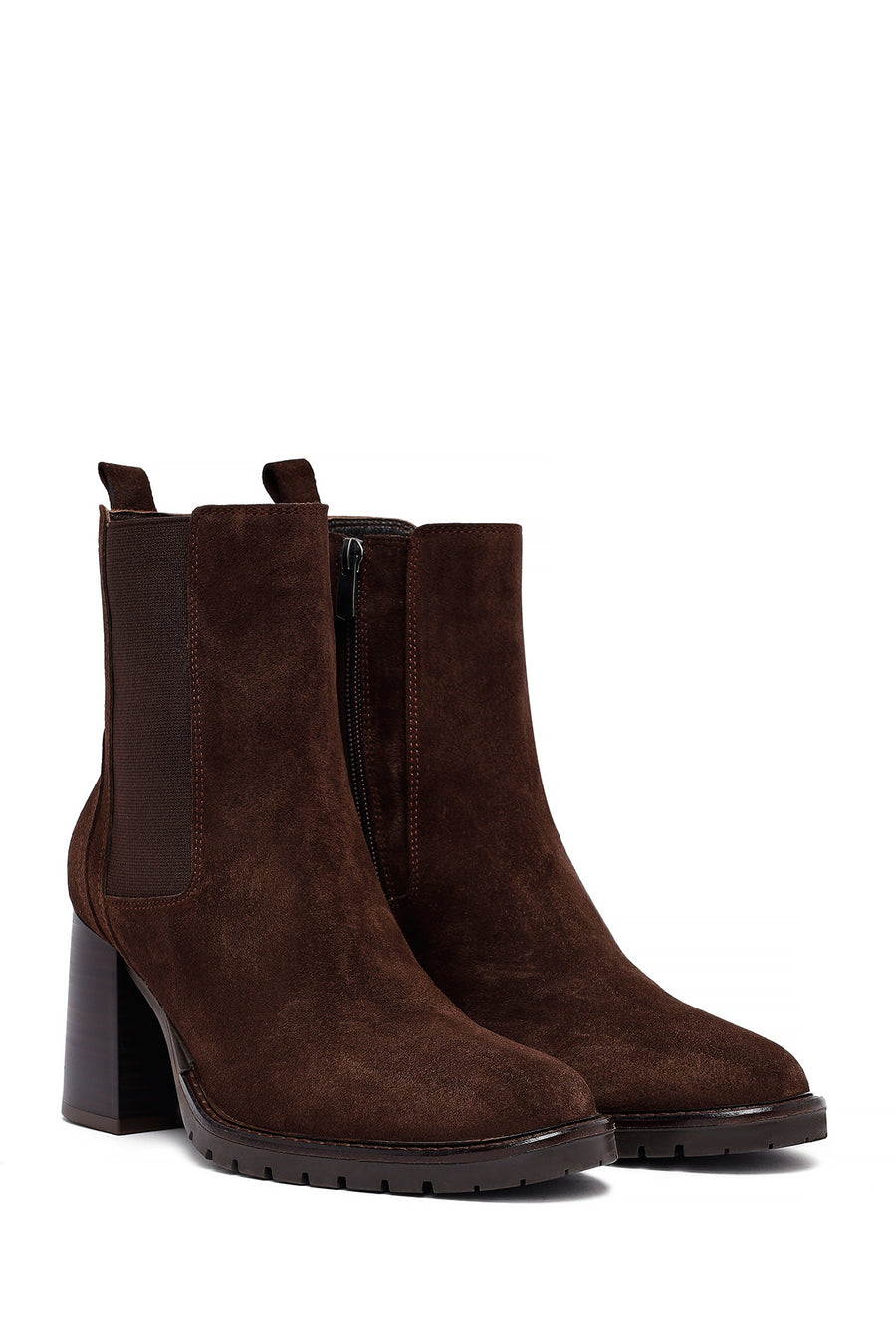 Woman Brown Chunky Heel Suede Leather Boat