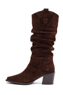 Woman Brown Chunky Heel Suede Leather Cowboy Boots | Derimod
