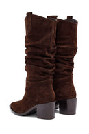 Woman Brown Chunky Heel Suede Leather Cowboy Boots | Derimod