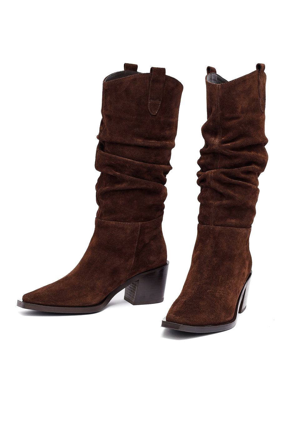 Woman Brown Chunky Heel Suede Leather Cowboy Boots