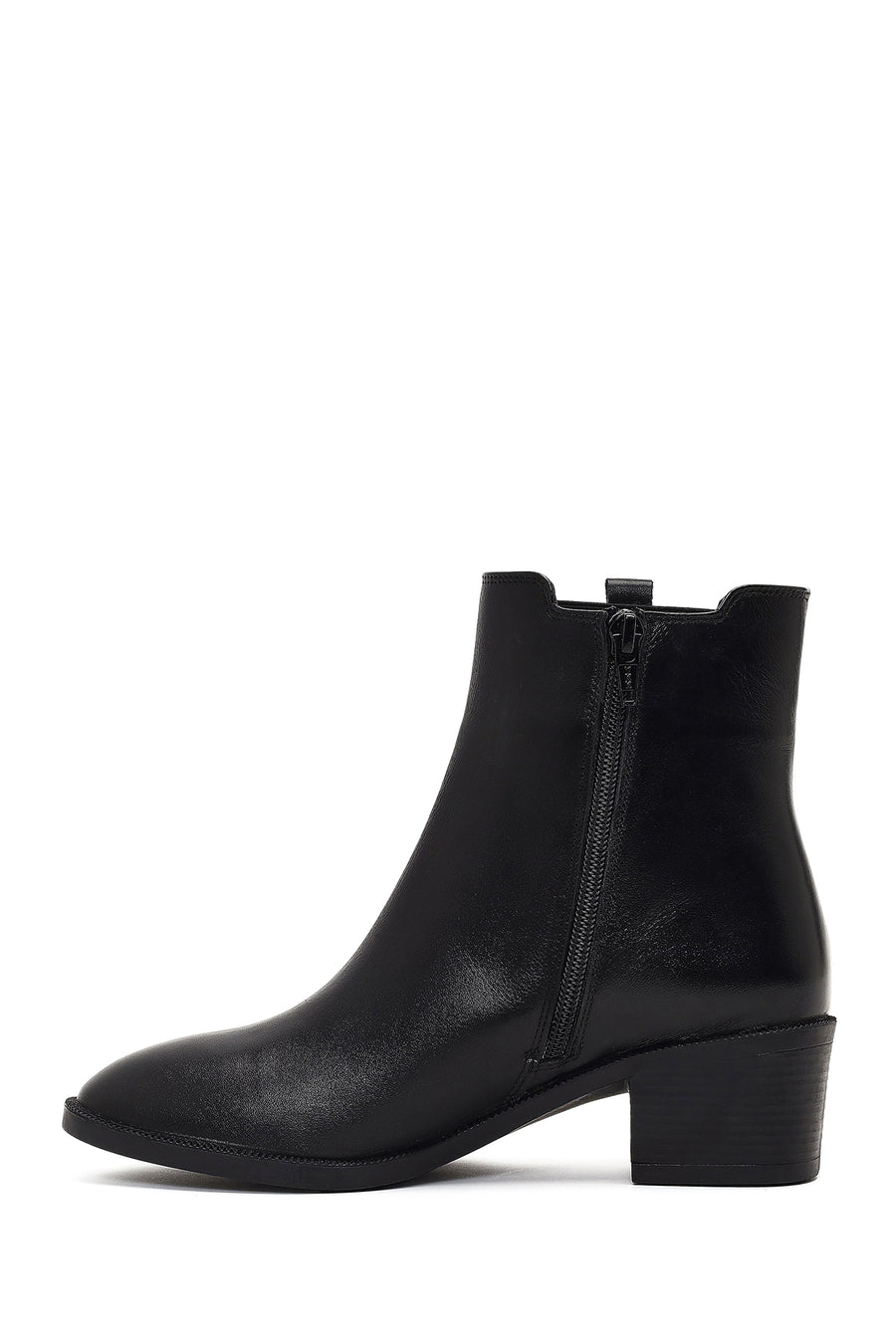 Women's Black Zippered Thick Heeled Leather Boot