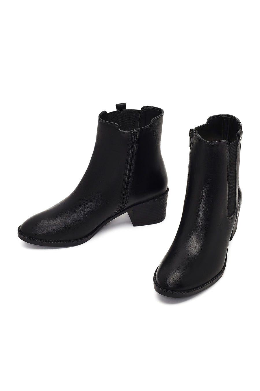 Women's Black Zippered Thick Heeled Leather Boot