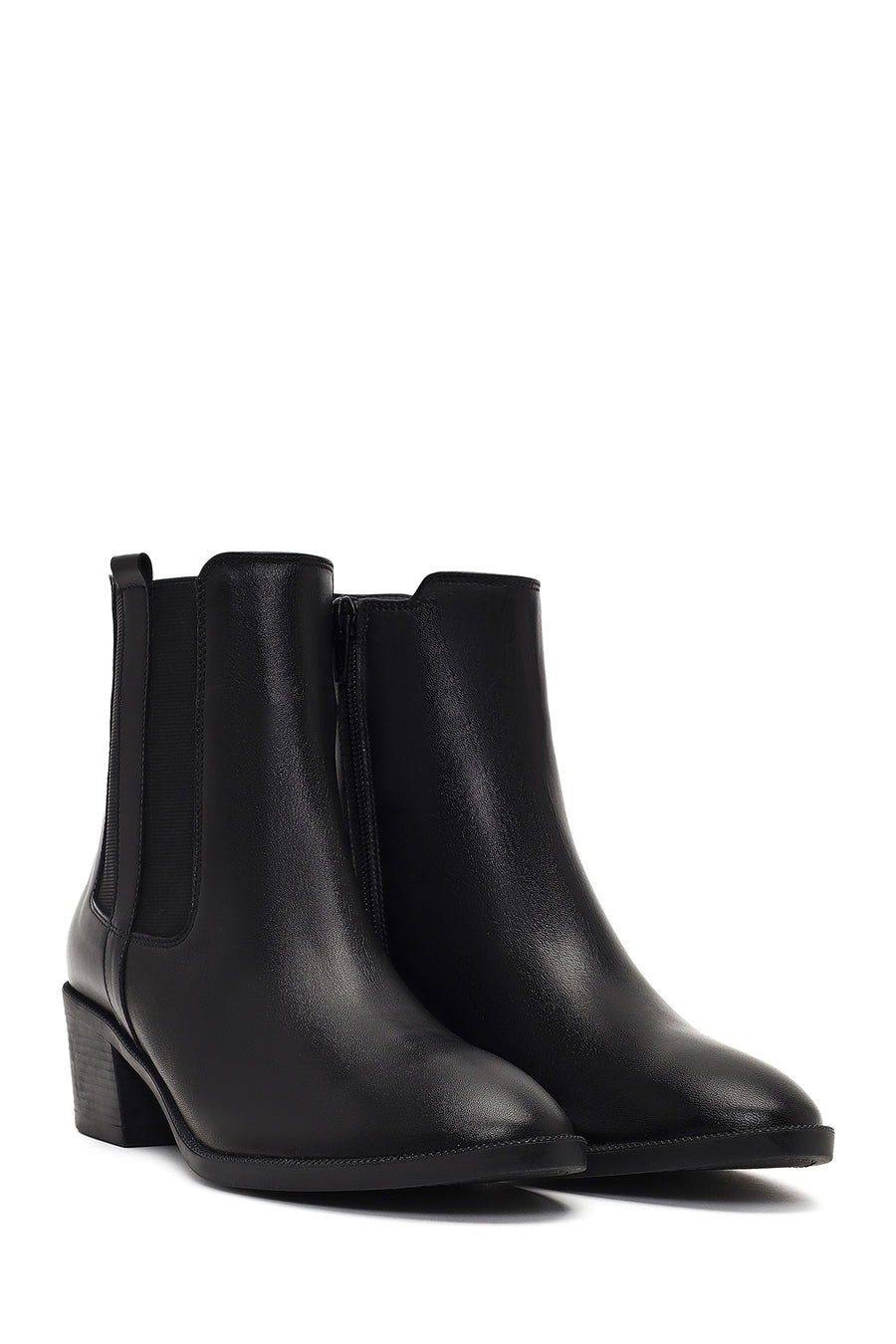 Women's Black Zippered Thick Heeled Leather Boot