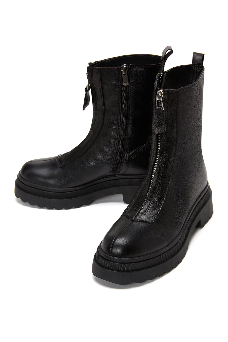 Woman Black Zippered Thick Sole Leather Boat