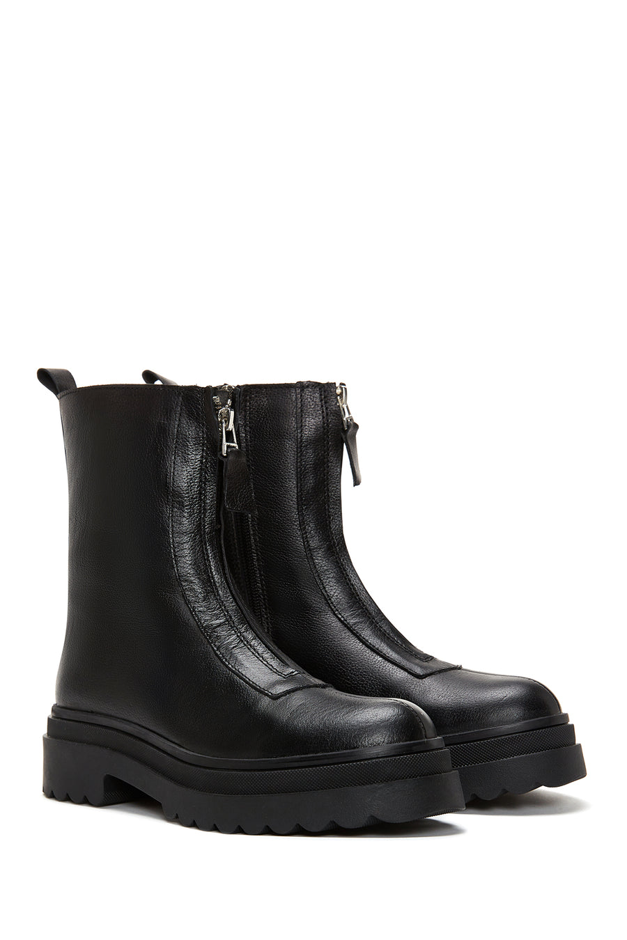 Woman Black Zippered Thick Sole Leather Boat