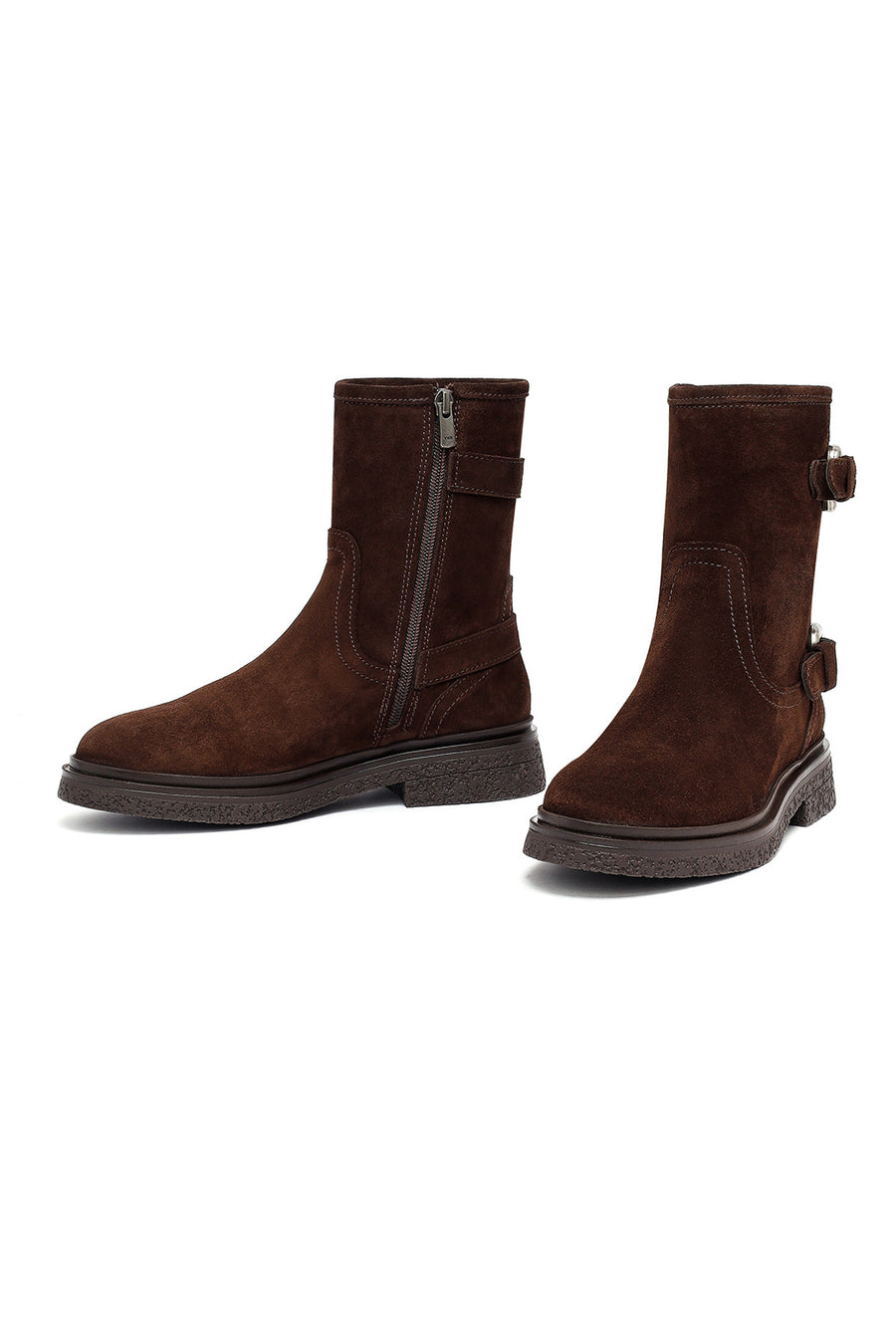 Woman Brown Zippered Suede Leather Boat