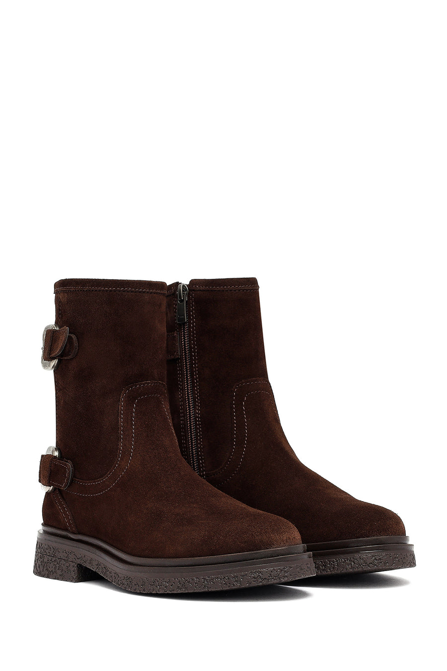 Woman Brown Zippered Suede Leather Boat