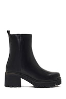 Women's Black Zippered Thick Heeled Leather Boot | Derimod